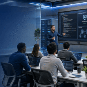 Professional instructor delivering an IT Trainer Course with coding, cybersecurity, and web development visuals