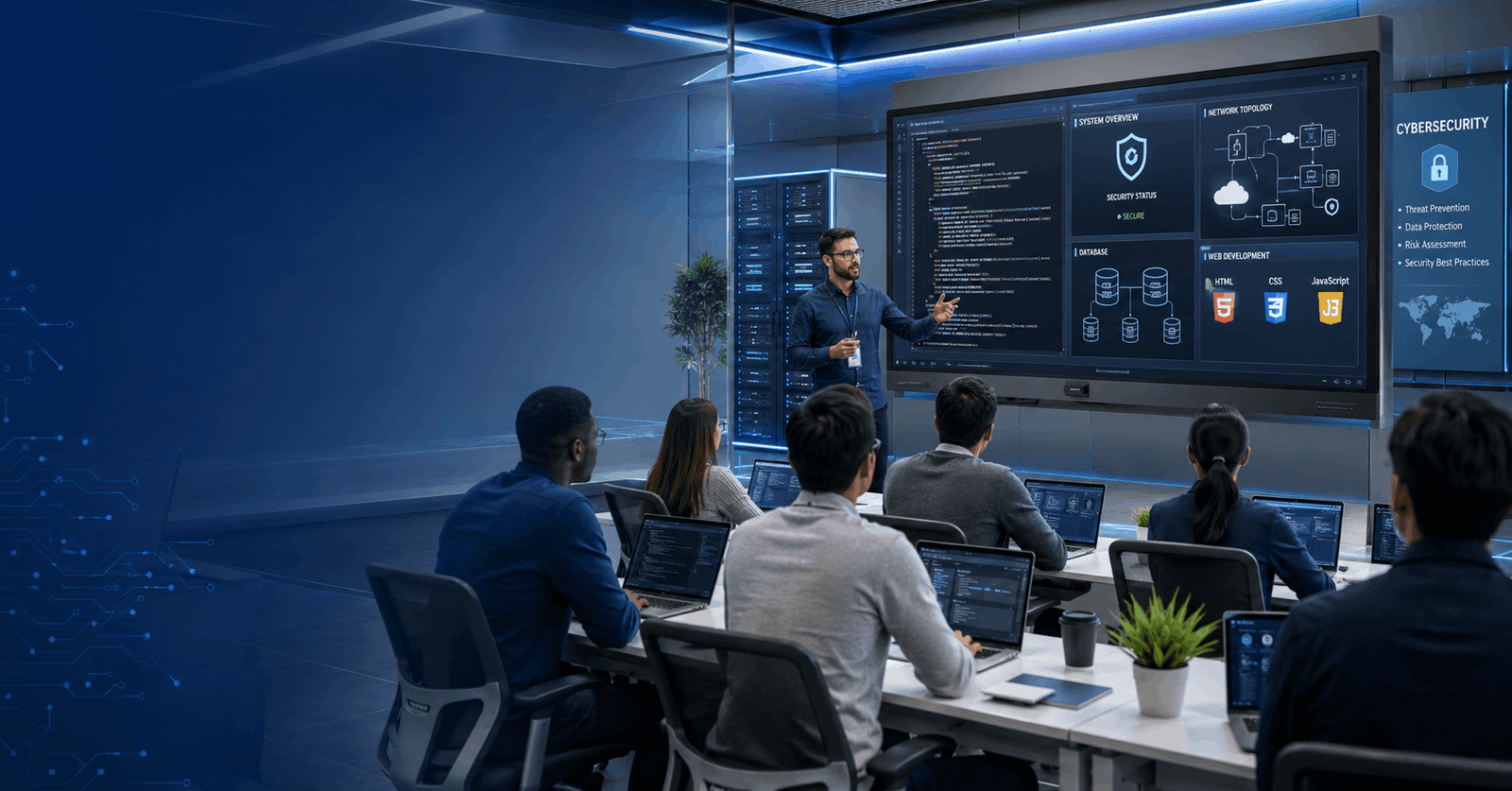 Professional instructor delivering an IT Trainer Course with coding, cybersecurity, and web development visuals