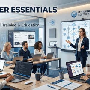Professional IT trainer teaching students in a modern classroom during an IT Trainer Essentials course