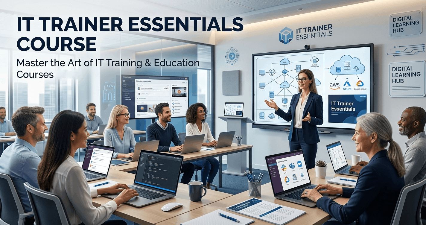 Professional IT trainer teaching students in a modern classroom during an IT Trainer Essentials course
