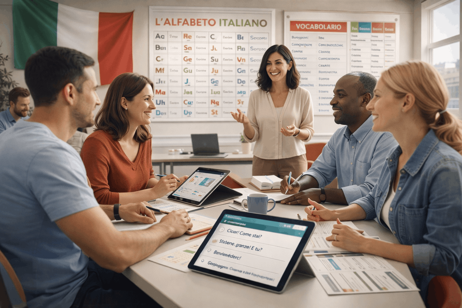Italian for Beginners course showing students learning vocabulary, grammar, and conversational Italian in an engaging classroom setting