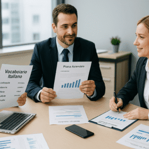 Business professionals discussing documents with Italian language notes and corporate elements.