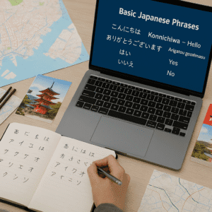 A traveler studying Japanese phrases and etiquette with maps, notebooks, and cultural guides, representing the Japanese for travelers course.