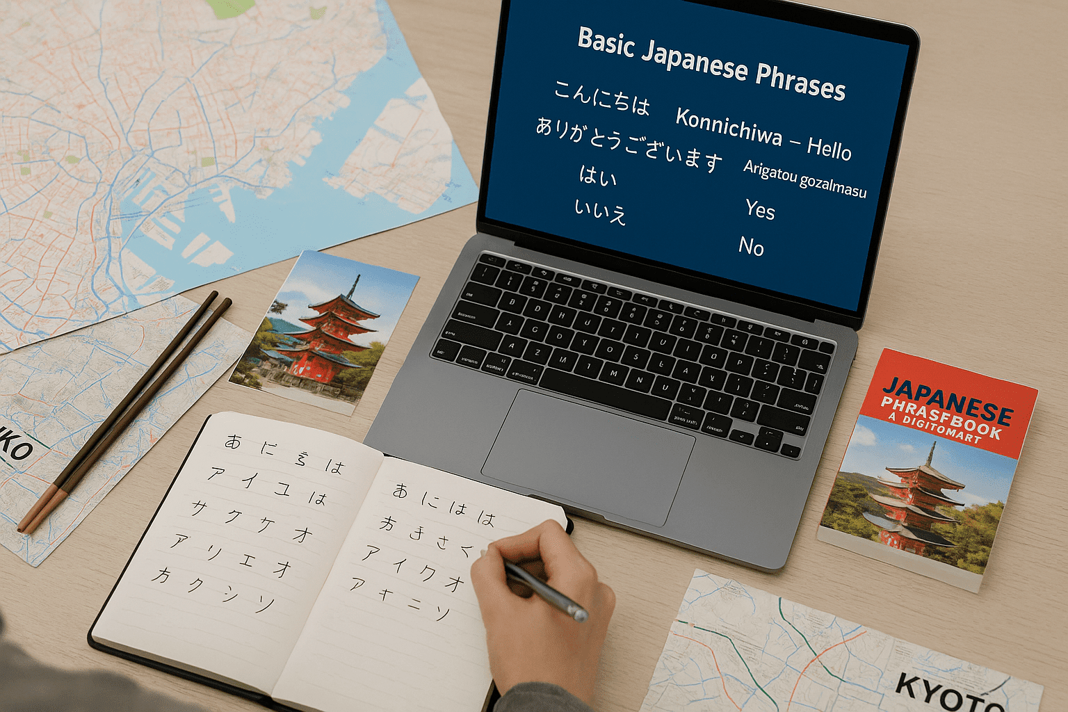 A traveler studying Japanese phrases and etiquette with maps, notebooks, and cultural guides, representing the Japanese for travelers course.