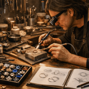 Professional jewellery workshop showing advanced metalwork and stone setting for a jewellery making diploma course.