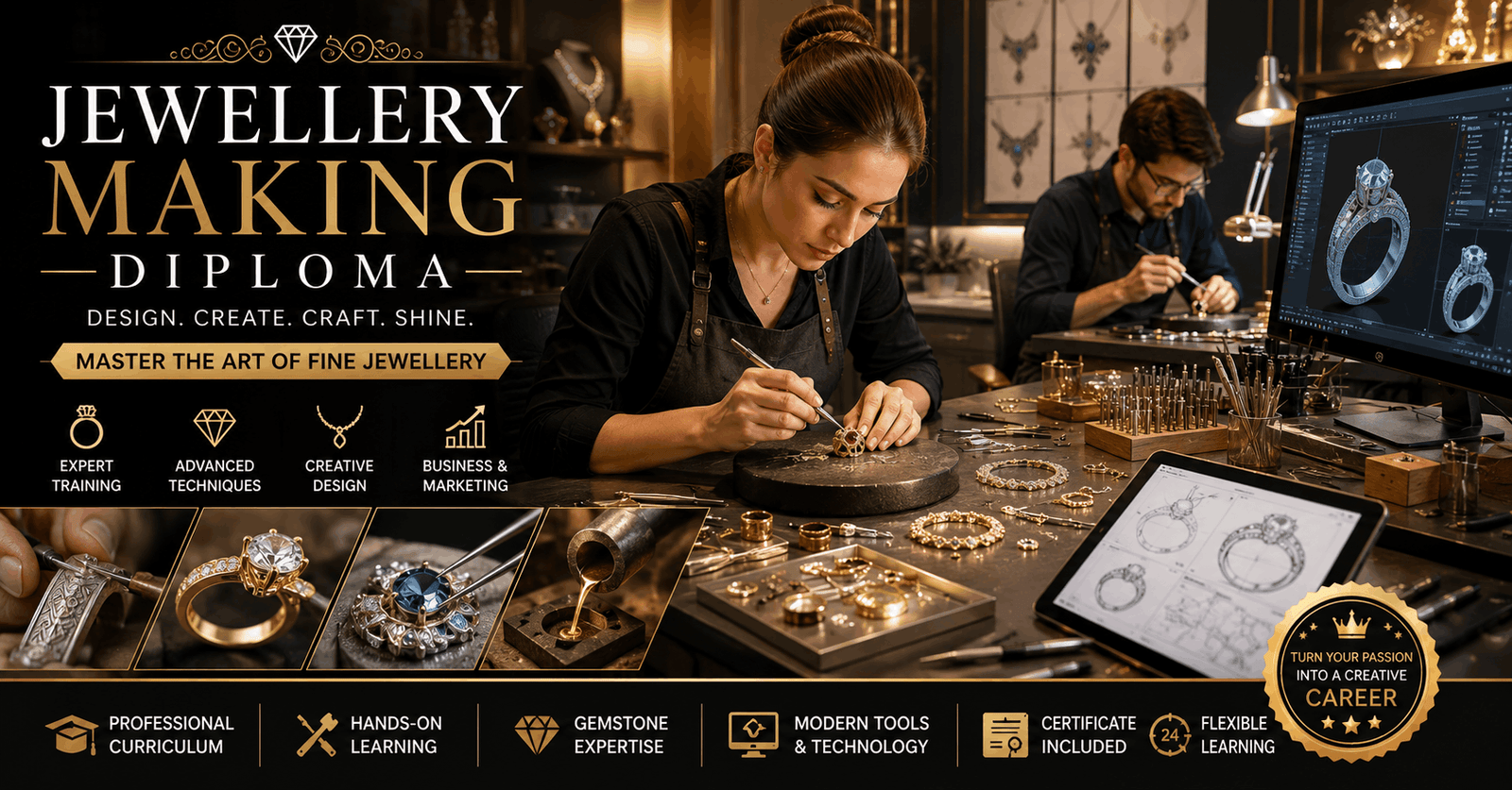 Jewellery designer crafting gemstone jewellery in a Jewellery Making Diploma workshop environment
