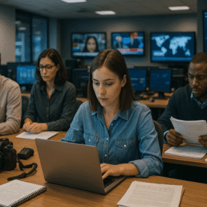 Journalism diploma students working in a modern newsroom with laptops, cameras, and reporting tools.