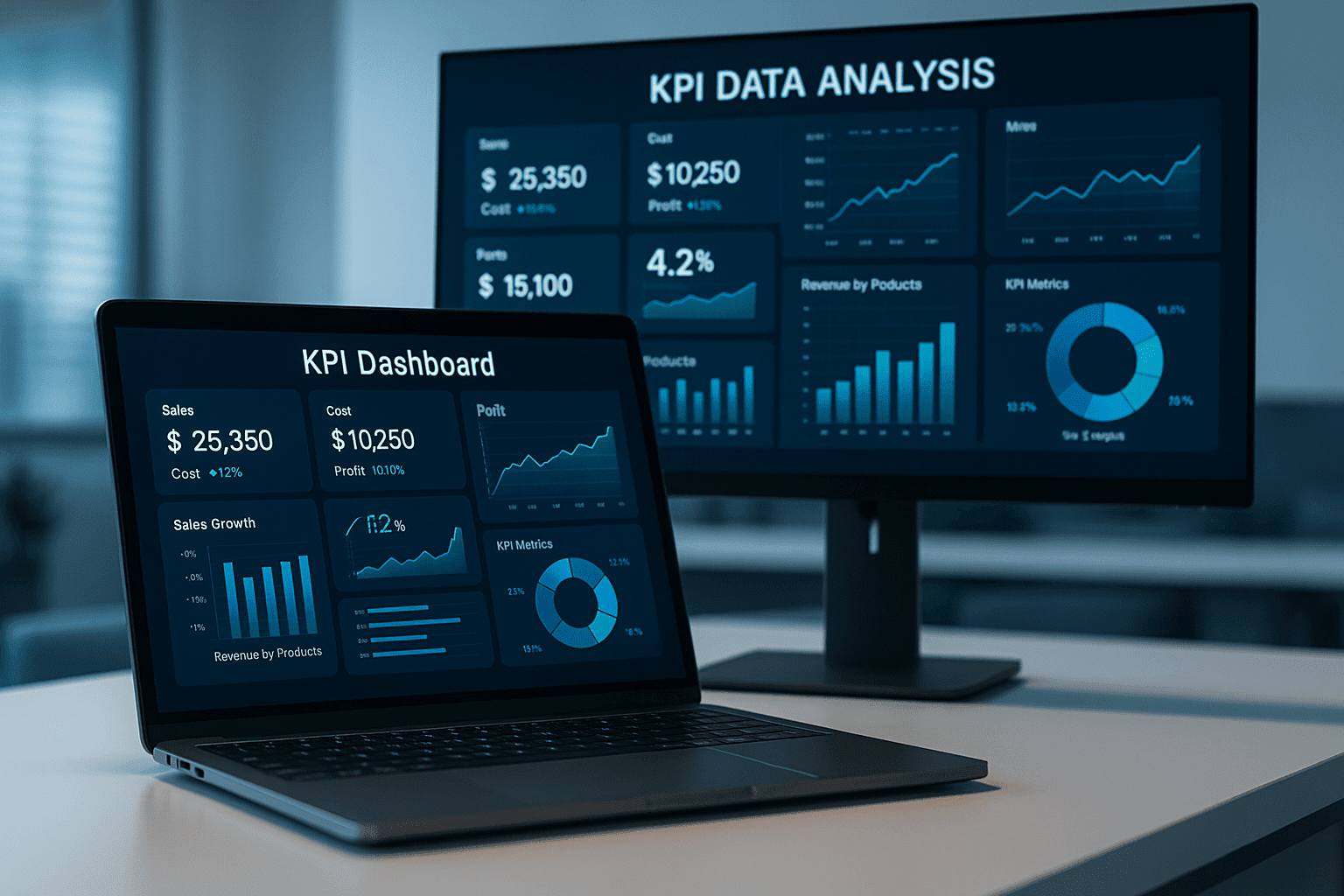 Dashboard with KPI charts, graphs and metrics on a digital screen, representing KPI data analysis for informed decision making.