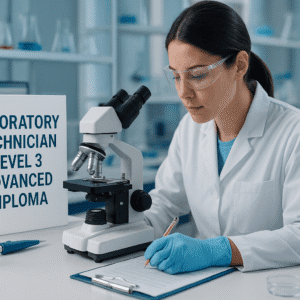 Laboratory technician diploma training scene with modern lab equipment, safety gear, and analytical tools.