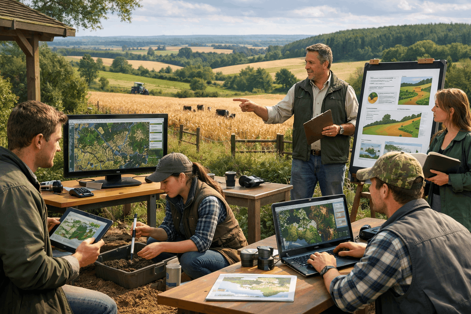 Students learning land management diploma skills in a UK rural training environment with farming, forestry and mapping tools