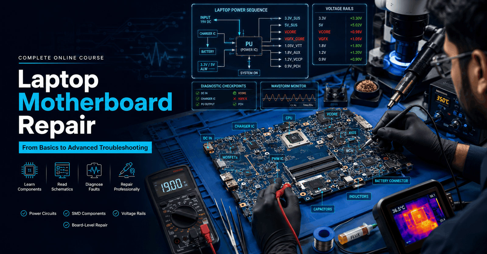 Technician repairing a laptop motherboard with schematics, diagnostic tools and soldering equipment for laptop motherboard repair.