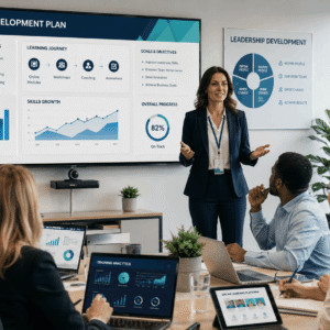 Professional trainer leading a Learning and Development Diploma workshop in a modern corporate setting