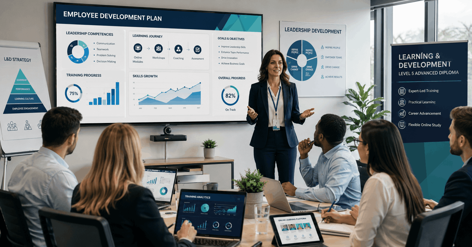 Professional trainer leading a Learning and Development Diploma workshop in a modern corporate setting