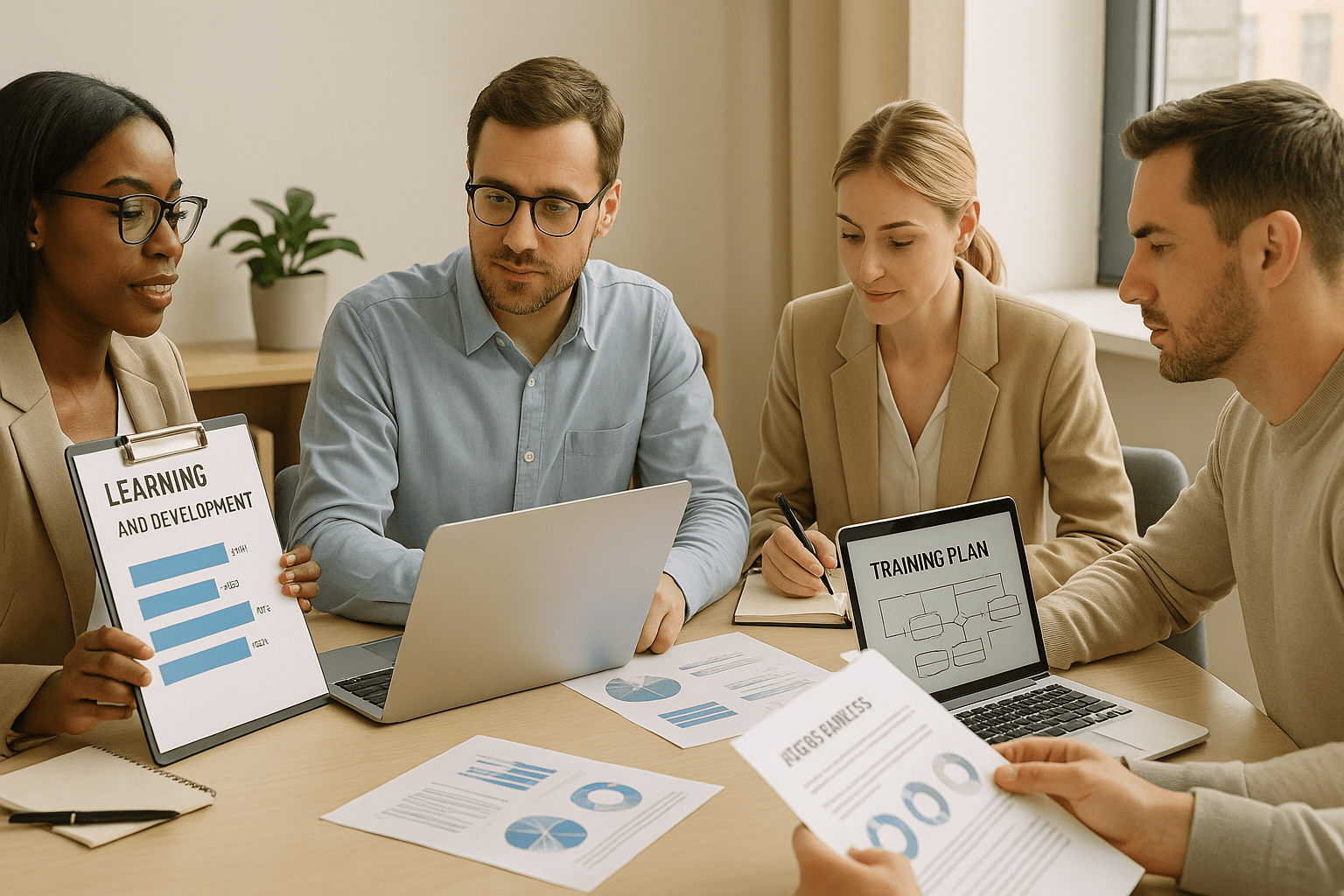 Learning and development diploma image showing trainers planning programmes, analysing needs, and designing modern learning solutions.