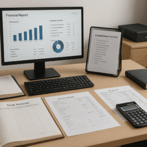 Modern legal accounting diploma workspace with ledgers, trust account tools, compliance documents, and financial reporting screens.