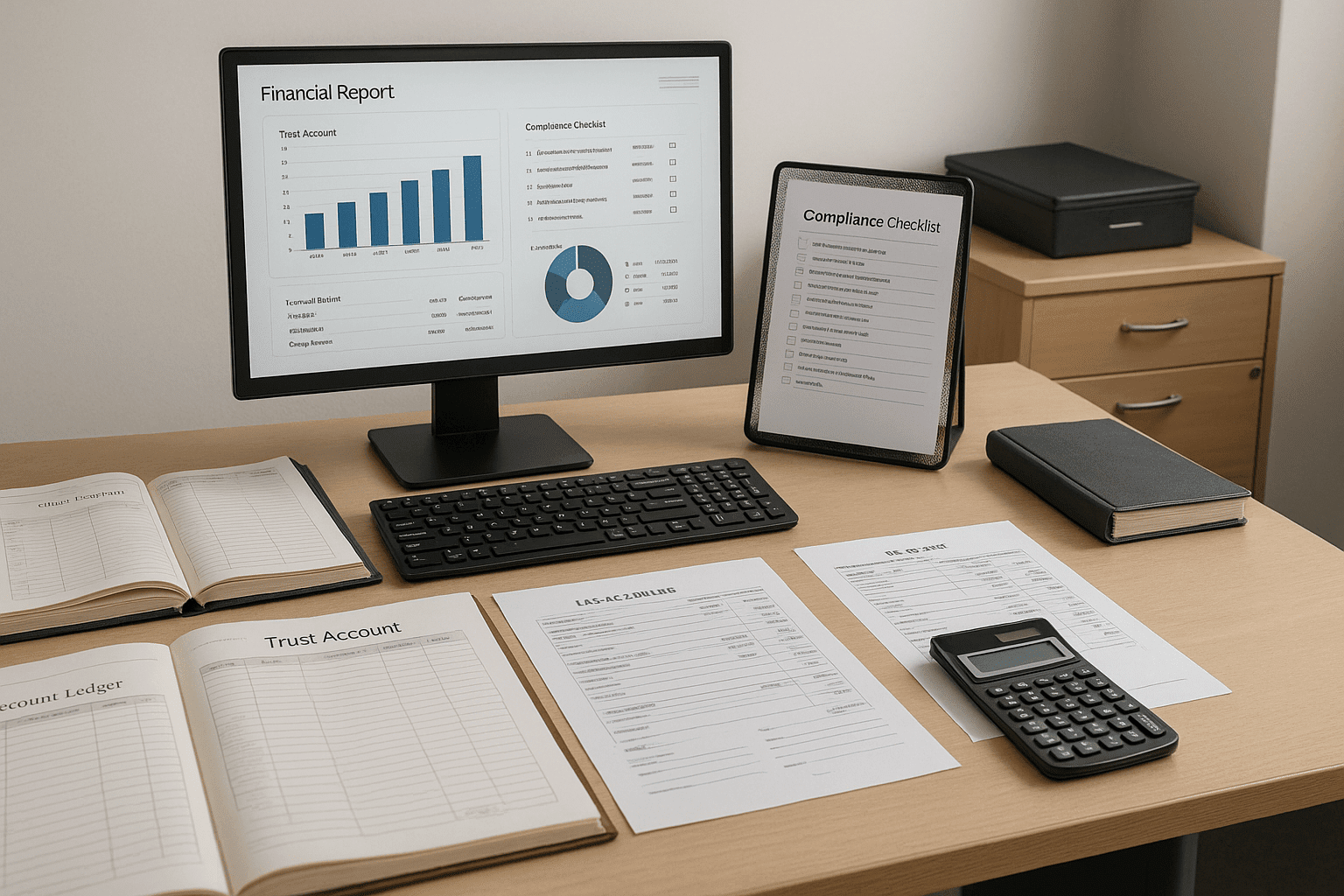 Modern legal accounting diploma workspace with ledgers, trust account tools, compliance documents, and financial reporting screens.