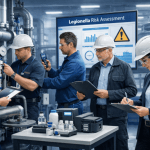 Legionella Management Diploma students inspecting water systems and monitoring Legionella control in a professional UK facility