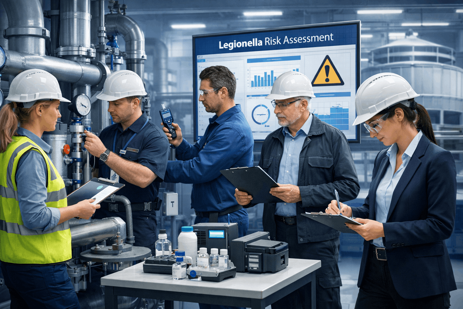 Legionella Management Diploma students inspecting water systems and monitoring Legionella control in a professional UK facility