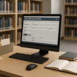 Librarian training scene with bookshelves, computer, cataloguing tools and a clean modern library workspace.