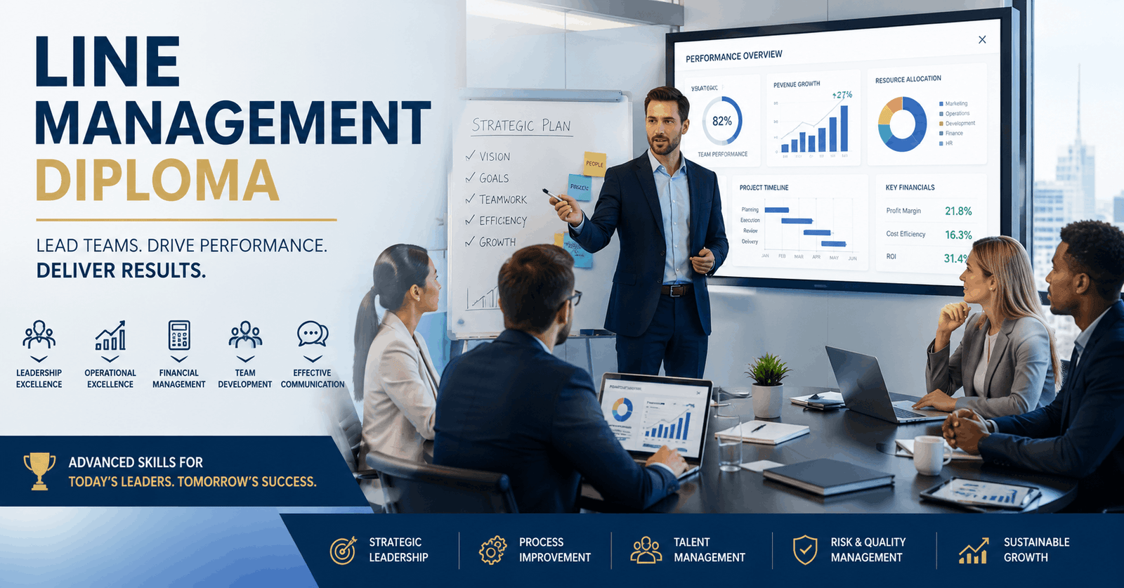 Professional manager leading a business team in a Line Management Diploma training environment