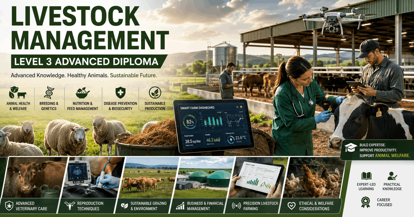 Livestock Management Diploma training with farm animals, feeding systems, and animal care practices