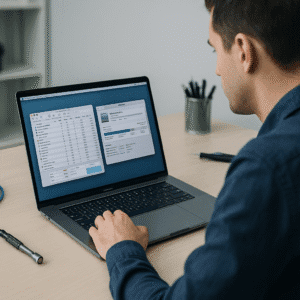Technician diagnosing a Mac screen with system tools open, representing macOS troubleshooting and maintenance training.