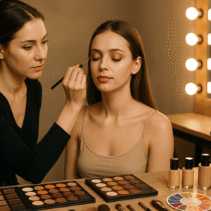Makeup artistry diploma image showing makeup tools, palettes, brushes and a model receiving professional makeup application.