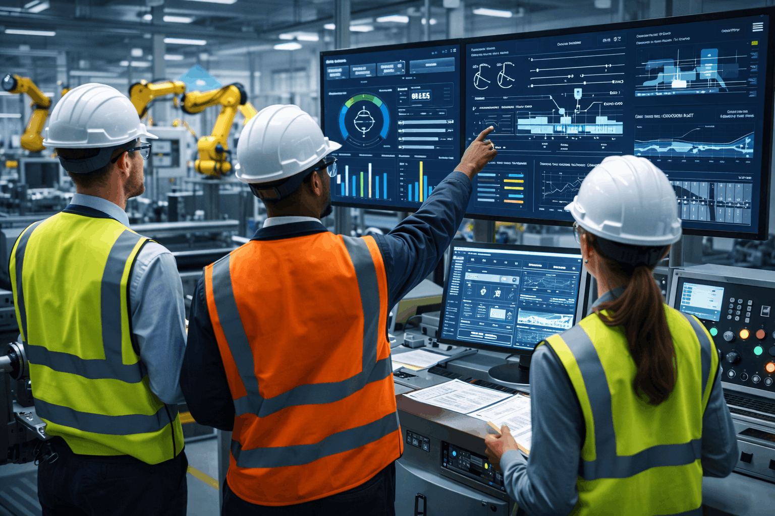 Engineers analysing production lines and automation systems during manufacturing systems engineering training in a modern factory.