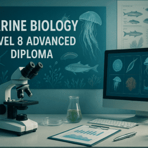 Marine biology diploma banner showing ocean research tools, marine life visuals, and a modern scientific workspace.