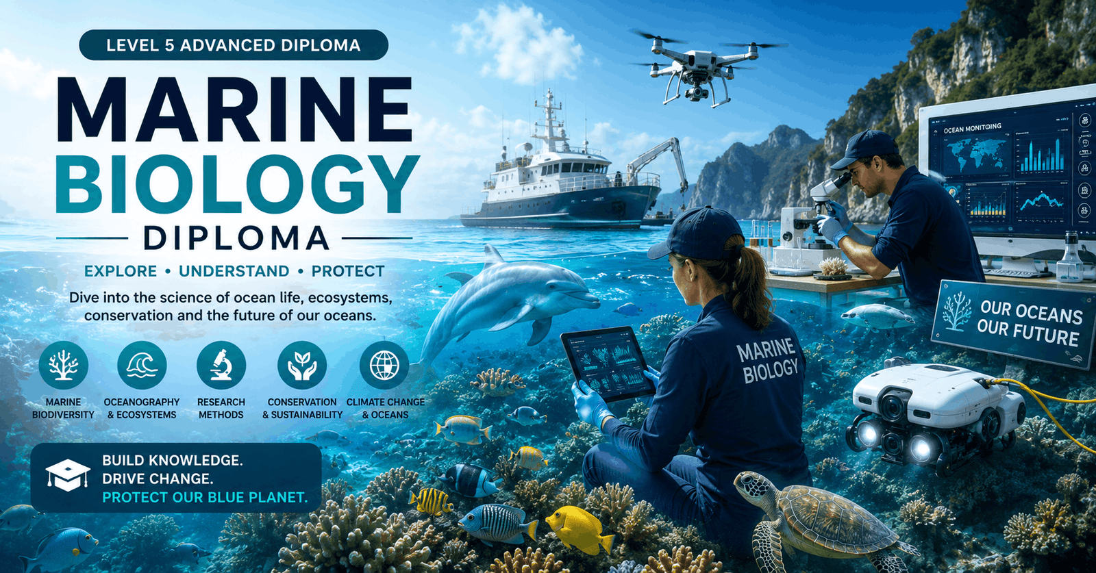 Marine Biology Diploma students studying ocean ecosystems, coral reefs, and marine wildlife research