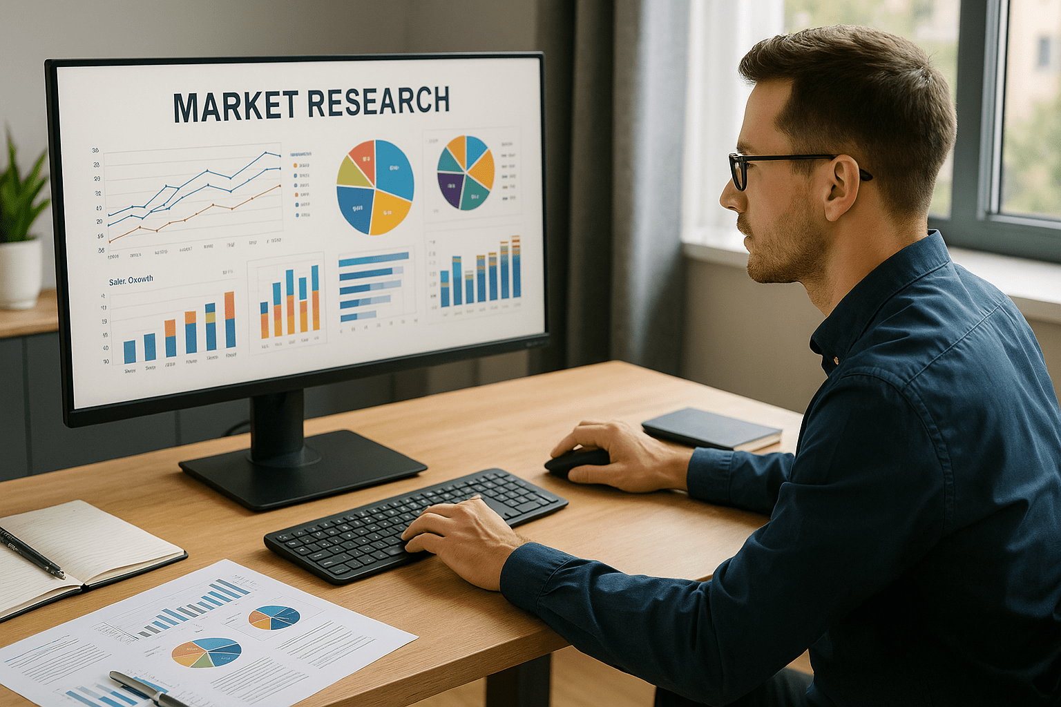 Analyst reviewing charts and survey data in a modern office for the market research diploma.