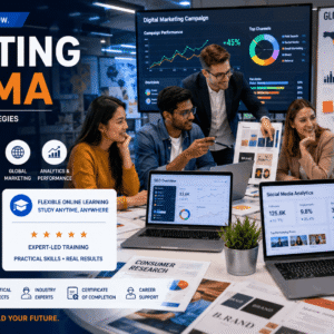 Students developing digital campaigns in Marketing Diploma online course
