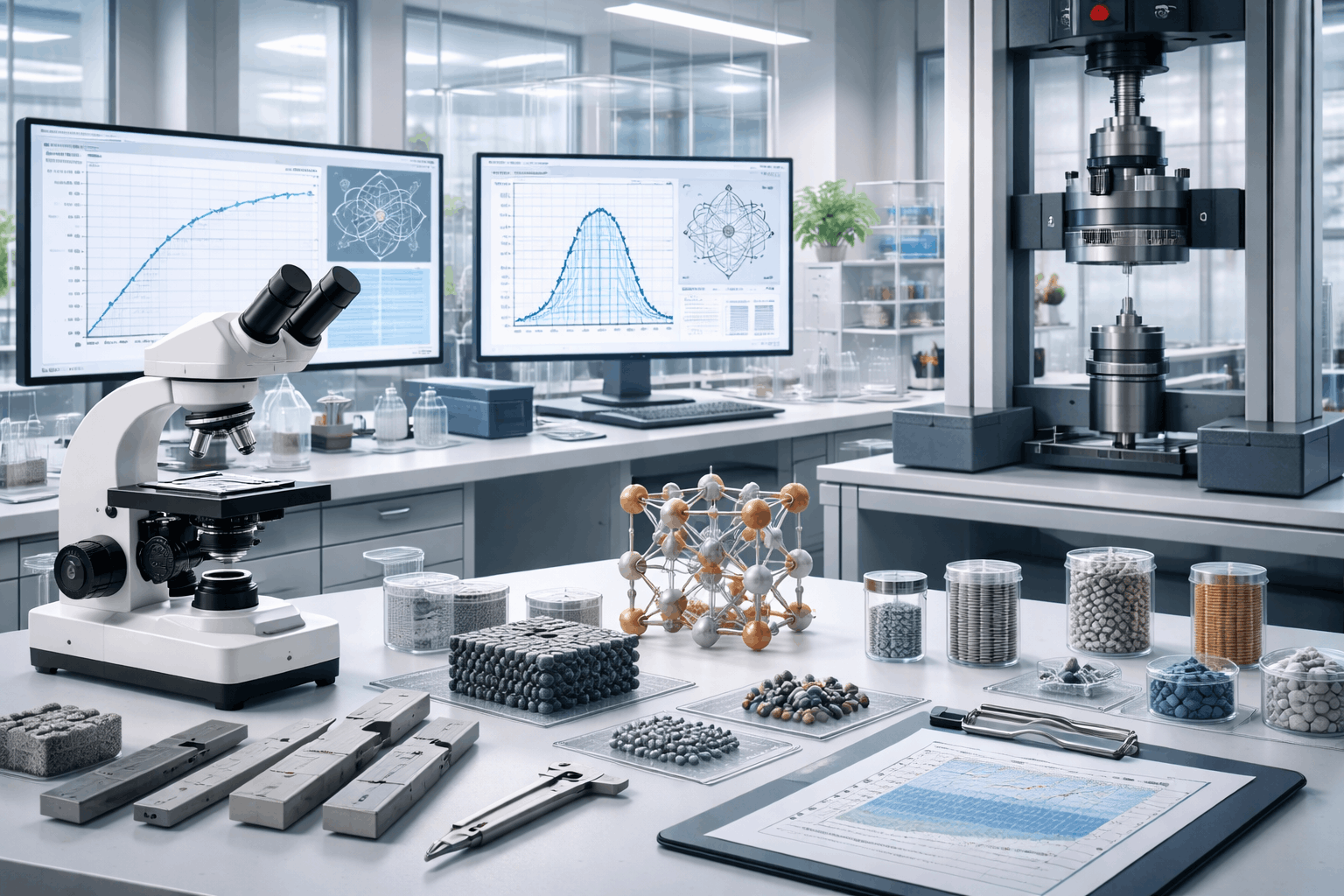 Materials science diploma laboratory showing microscopes, crystal structures, material testing, and engineering samples