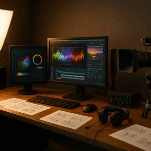 Advanced media production diploma workspace with cameras, lighting, monitors, and editing tools.