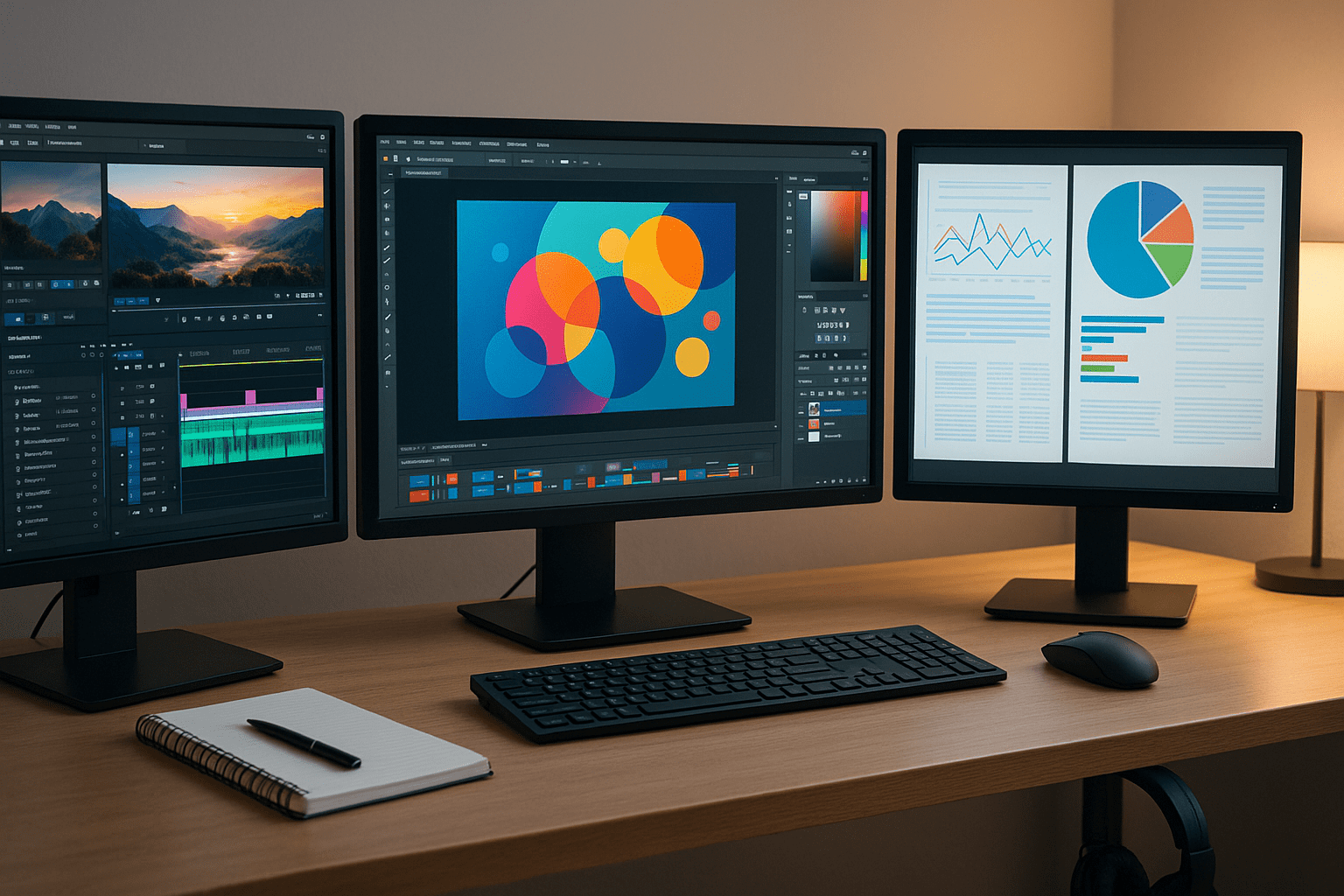 A digital media workspace with screens, editing tools, and graphics representing a media studies course environment.