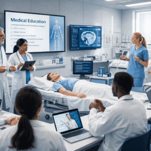 Medical education course students learning teaching methods in a modern clinical training room