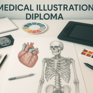 Medical illustration diploma image showing anatomical drawings, digital tools and healthcare visualisation elements.