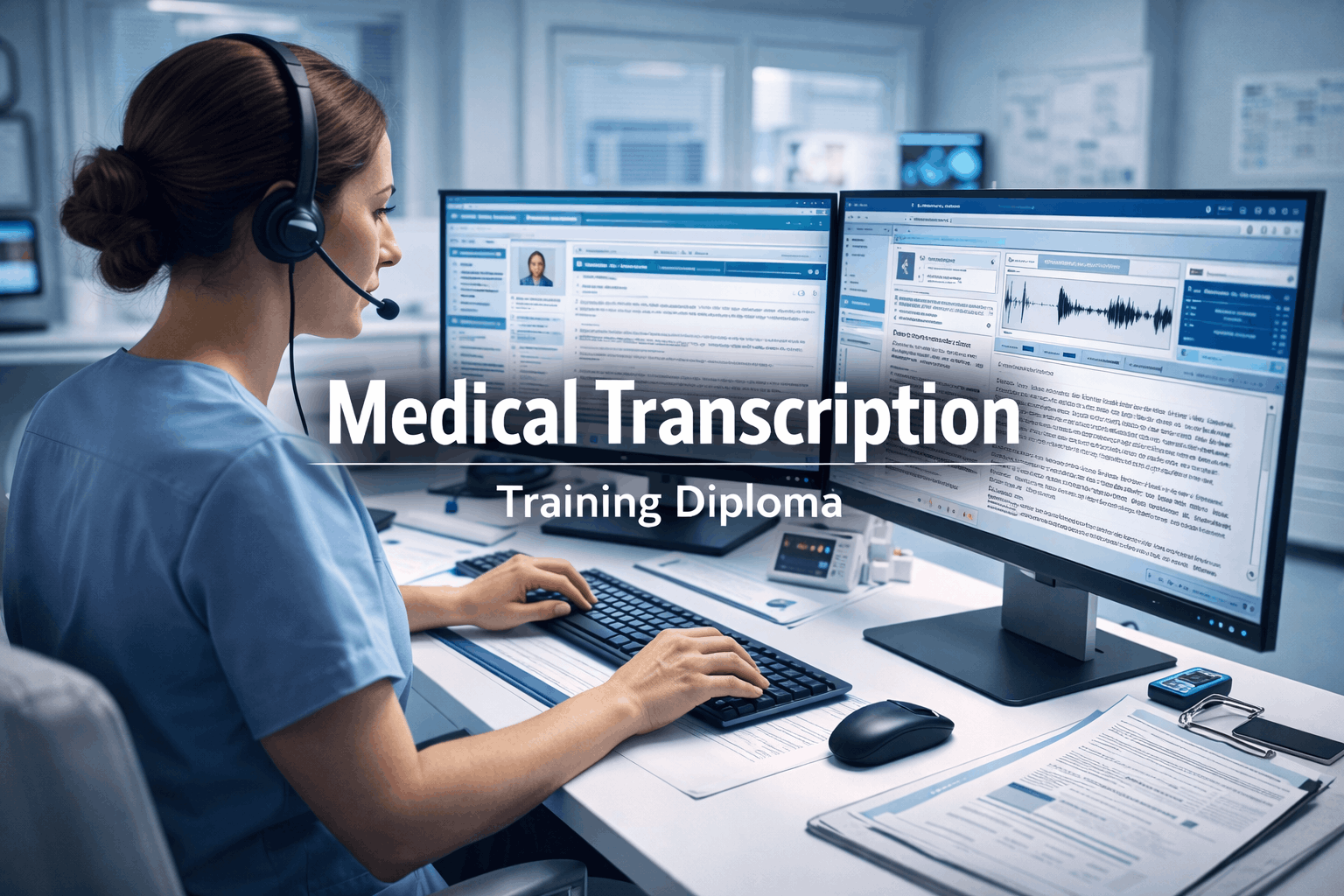 Medical transcription training showing healthcare documentation, medical records and a transcriptionist working at a computer