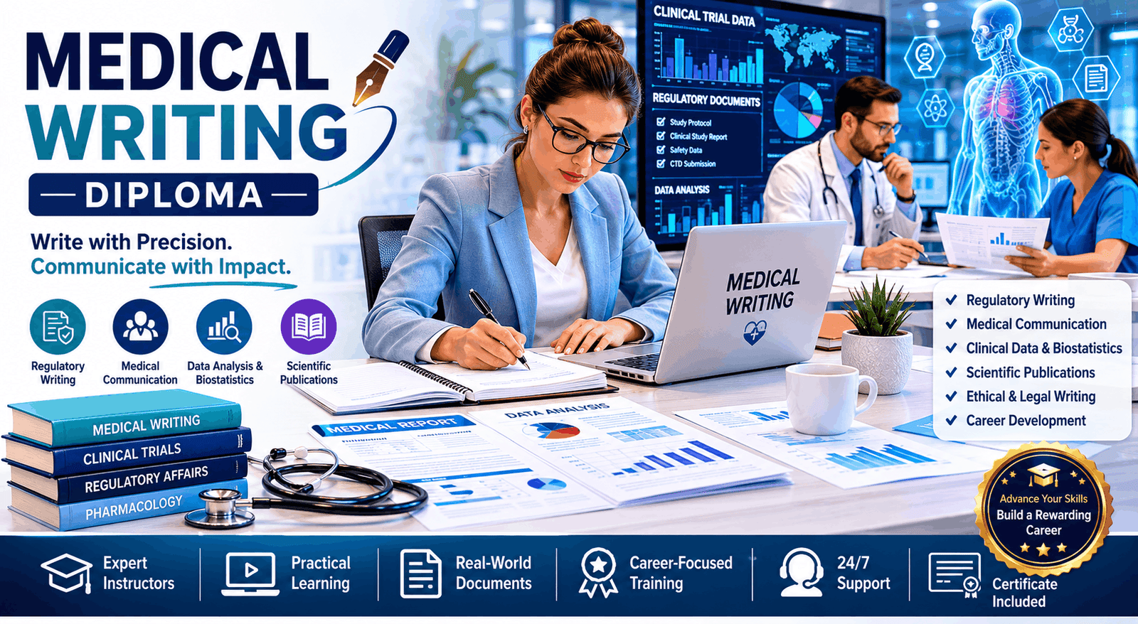Professional medical writer creating healthcare documents in a Medical Writing Diploma learning environment