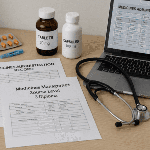 Medicines Management Course training image showing medication charts, tools and a clinical workspace.