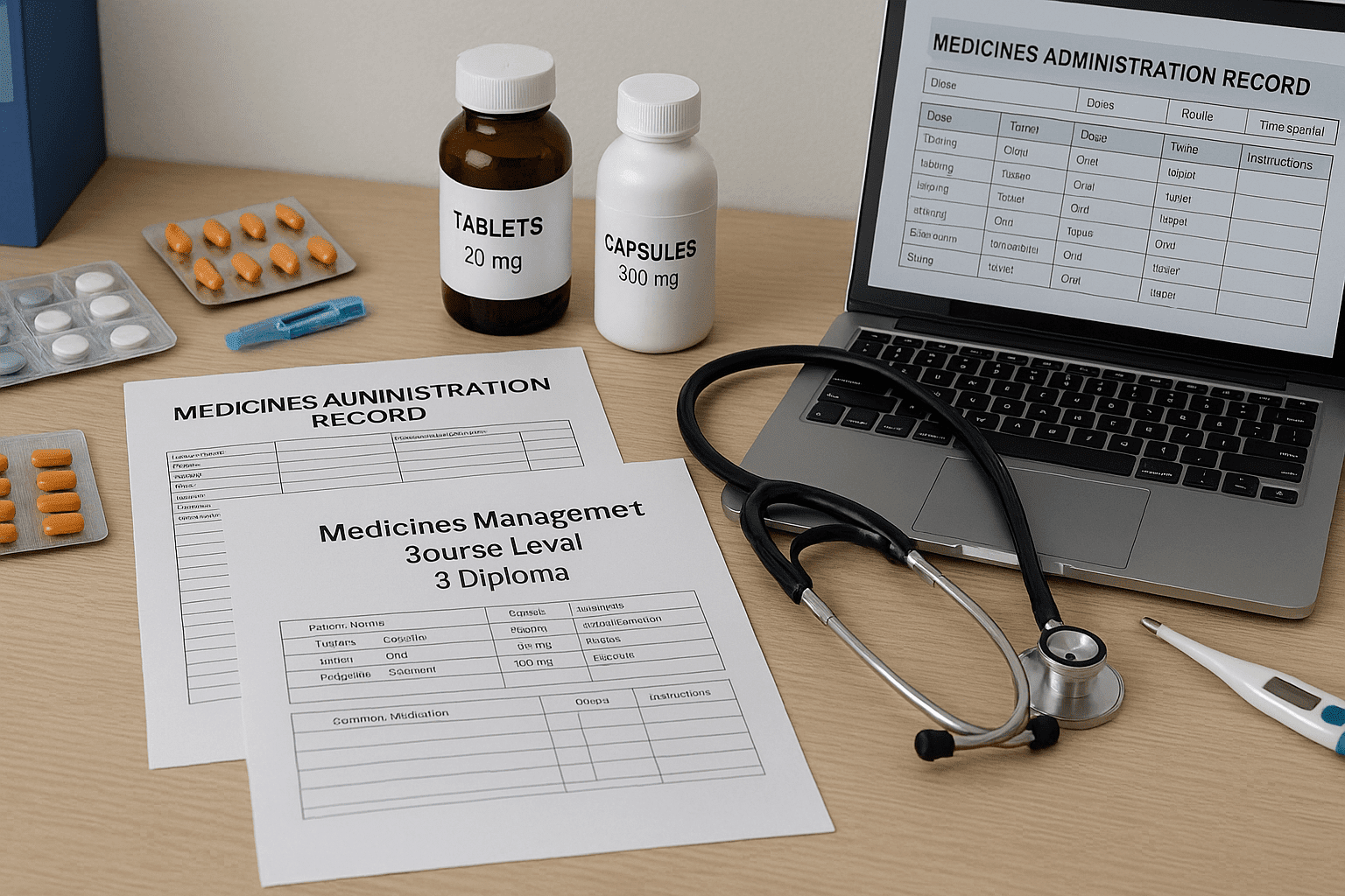 Medicines Management Course training image showing medication charts, tools and a clinical workspace.