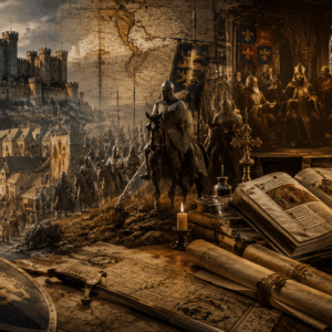 Scholars and knights in a historic medieval setting for a Medieval History Course banner