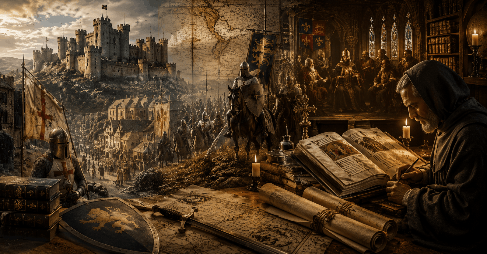 Scholars and knights in a historic medieval setting for a Medieval History Course banner