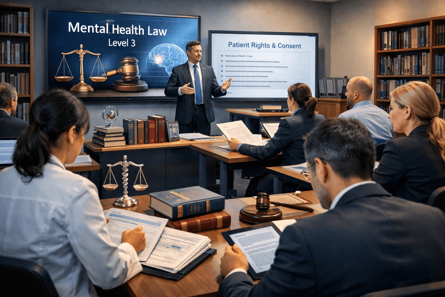 Mental health law Level 3 students studying patient rights, legal frameworks and healthcare compliance in a modern learning environment