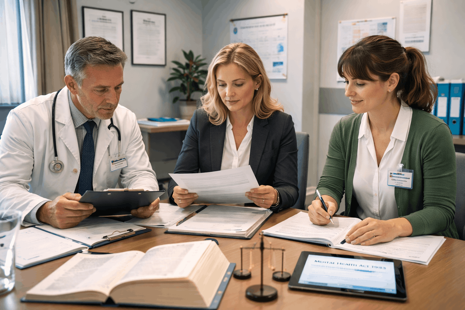 Mental health law training showing legal and healthcare professionals discussing patient rights in a UK clinical setting