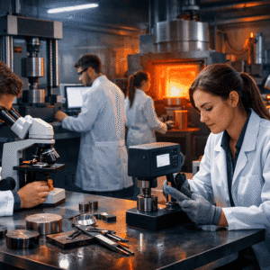 Students working in a modern metallurgical lab during metallurgical engineering diploma training