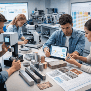 Students learning metallurgy basics while examining metal samples and testing materials in a professional laboratory