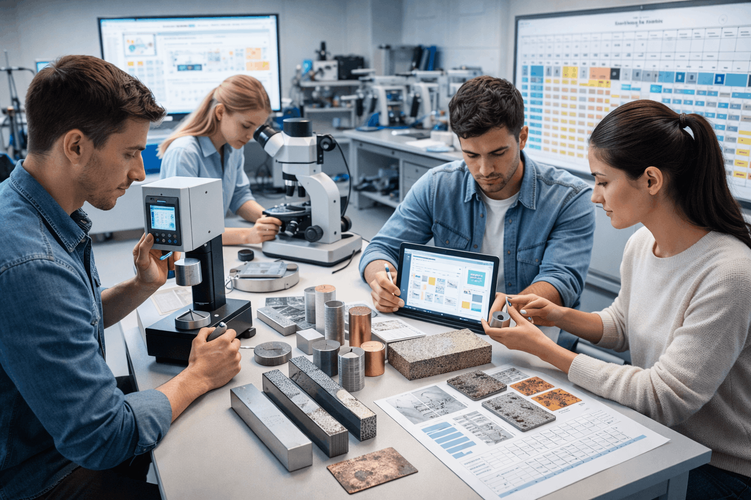 Students learning metallurgy basics while examining metal samples and testing materials in a professional laboratory