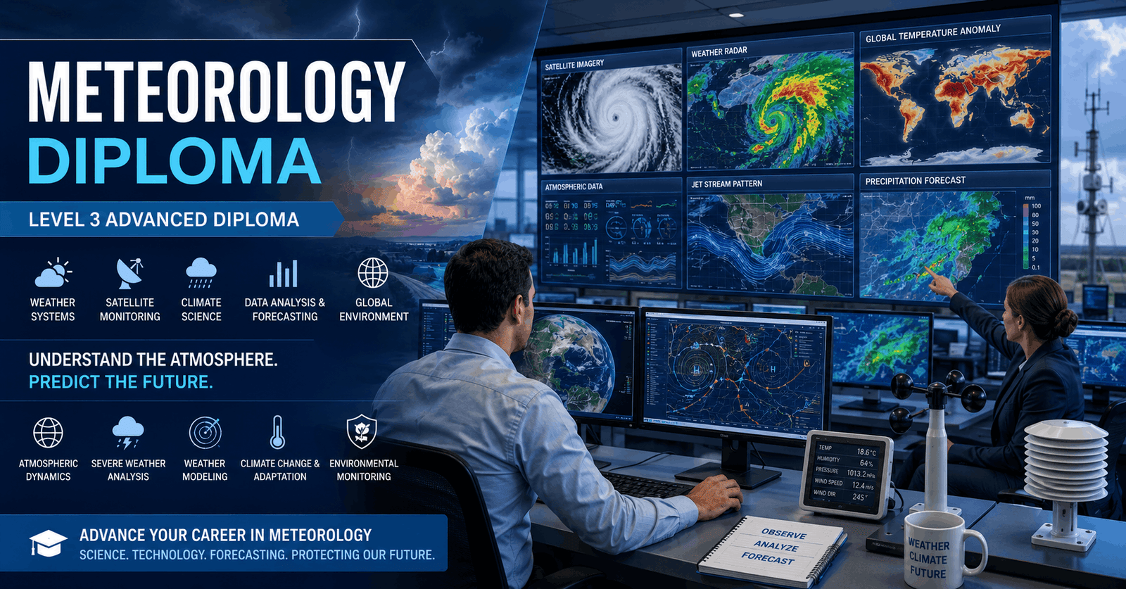 Meteorology Diploma course featuring weather forecasting systems, satellite data, and atmospheric science analysis