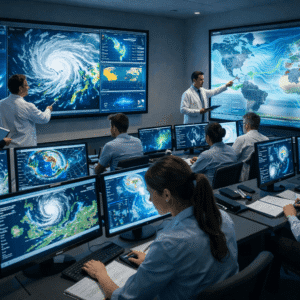 meteorology level 8 students analysing weather data and satellite maps in a modern atmospheric science laboratory